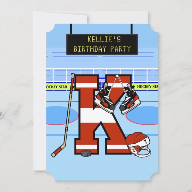 Personalised Initial letter K Ice Hockey Invitation (Front)