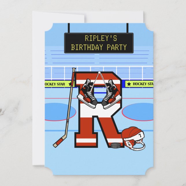 Personalised Initial letter R Ice Hockey Invitation (Front)