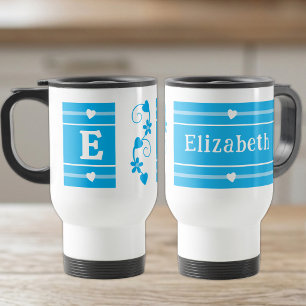 Personalised initial name blue travel mug