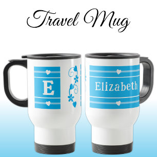 Personalised initial name blue travel mug