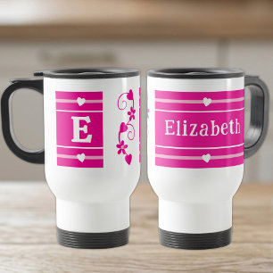Personalised initial name pink travel mug