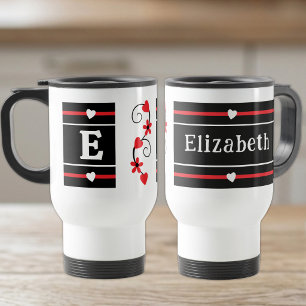 Personalised initial name red black travel mug