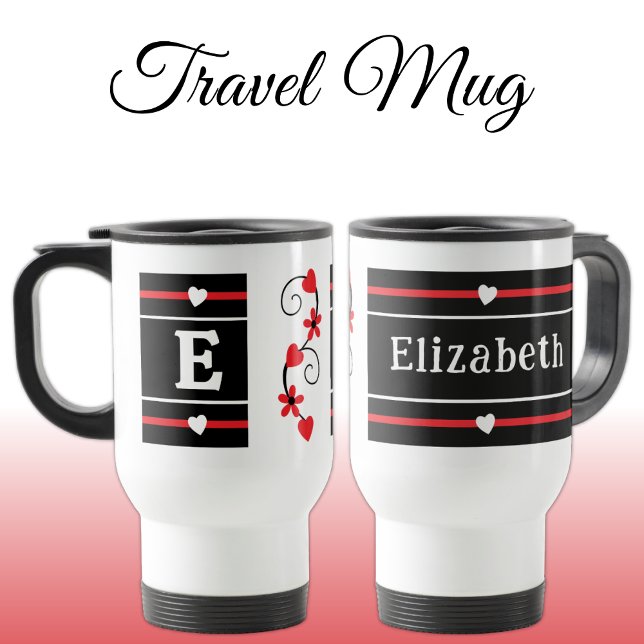 Personalised initial name red black travel mug (Creator Uploaded)