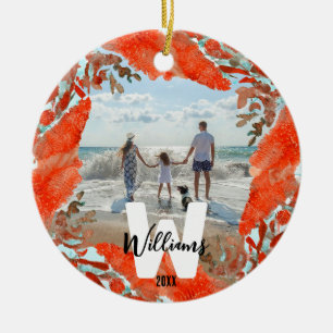 Personalised Initial, Name, & Year Red Coral  Ceramic Tree Decoration