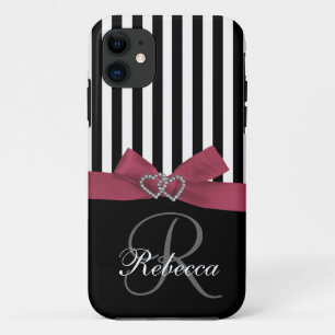Personalised Initial, Pink, Black Stripes Case