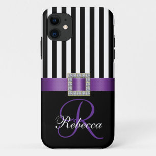 Personalised Initial Purple Black Stripes Pattern iPhone 11 Case