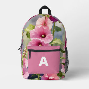 Personalised Initial Watercolor Hollyhock Flowers Printed Backpack