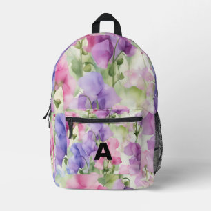 Personalised Initial Watercolor Sweet Pea Flowers Printed Backpack