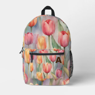 Personalised Initial Watercolor Tulip Flowers Back Printed Backpack