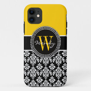 Personalised Initial Yellow Black Damask Case