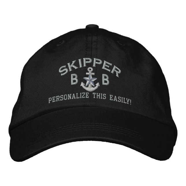 Personalised Initials Text Skipper Silver Star Embroidered Hat (Front)