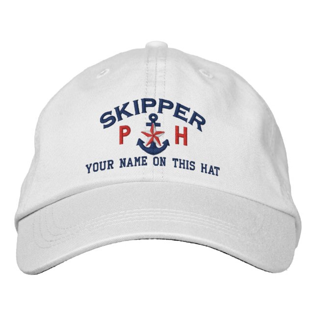 Personalised Initials Text Skipper Star Anchor Embroidered Hat (Front)