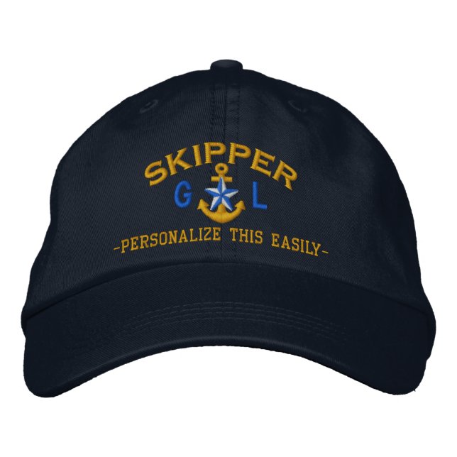 Personalised Initials Text Skipper Star Anchor Embroidered Hat (Front)