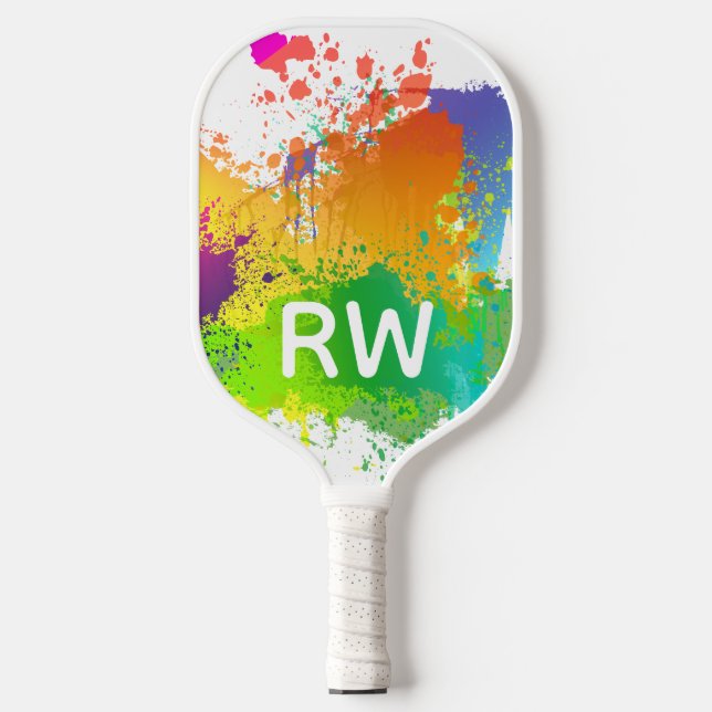 Personalised Initials Trendy Colourful Paint Splat Pickleball Paddle (Front)
