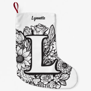 Personalised Ink Flower Monogram Black and White Small Christmas Stocking