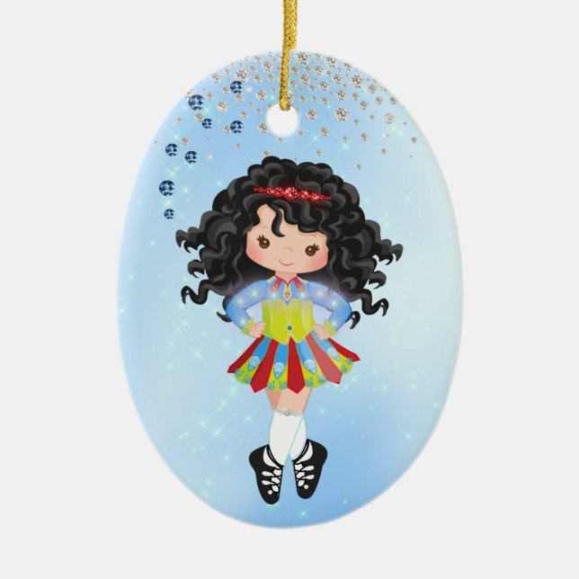 Personalised Irish Dance Black Hair Girl Christmas Ceramic Tree Decoration (Front)