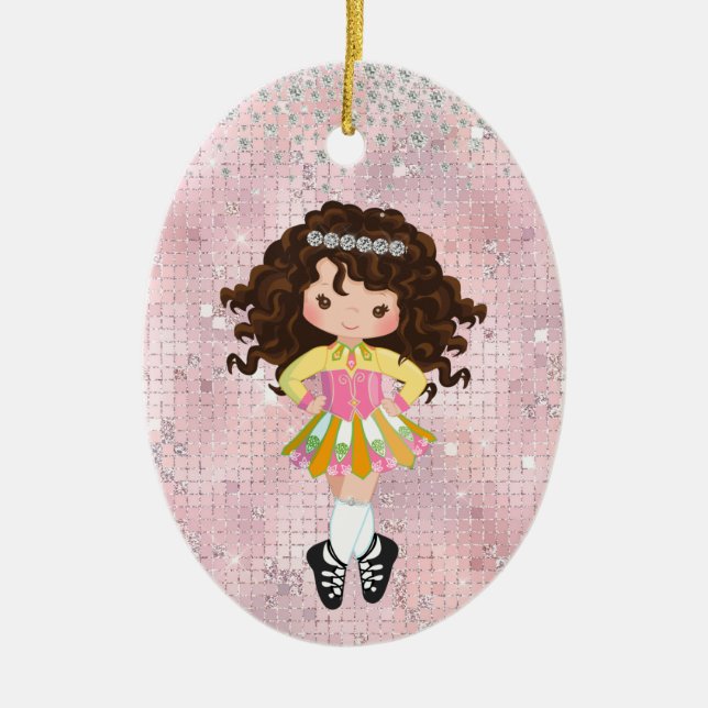 Personalised Irish Dance Brunette Girl Christmas Ceramic Tree Decoration (Front)