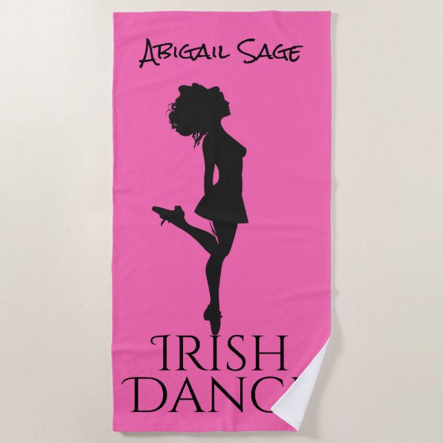 Personalised Irish Dancer Hard Shoe on Pink Dance Beach Towel (Front)