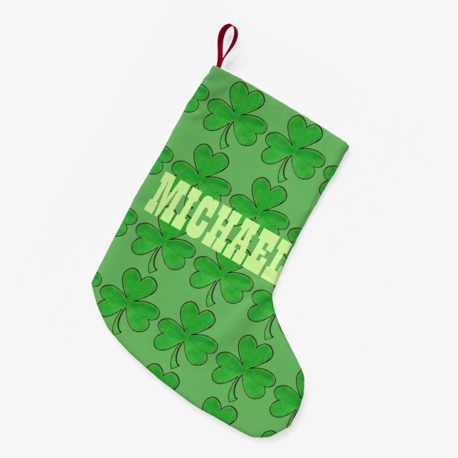 Personalised Irish Lucky Clover Green Shamrock Small Christmas Stocking (Front (Hanging))