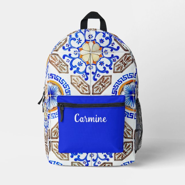 Personalised Italian Blue Mosaic Printed Backpack (Front)