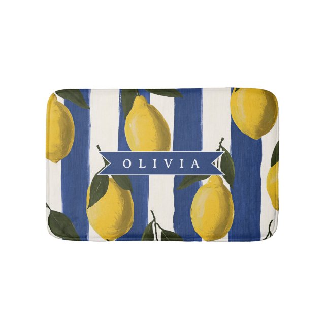 Personalised Italian Lemon Stripe Coastal  Bath Mat (Front)