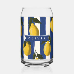 Personalised Italian Lemon Stripe Coastal  Can Glass