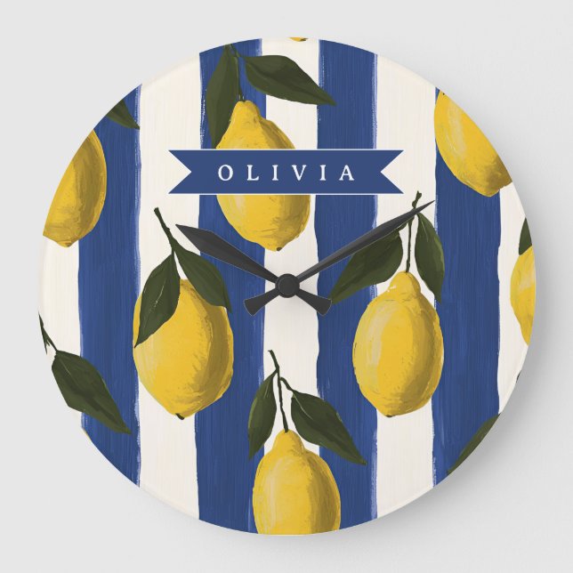 Personalised Italian Lemon Stripe Coastal  Large Clock (Front)