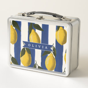 Personalised Italian Lemon Stripe Coastal Metal Lunch Box