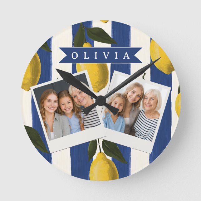 Personalised Italian Lemon Stripe Coastal  Round Clock (Front)
