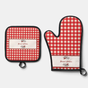 Personalised Italian Red Gingham Cooking  Oven Mitt & Pot Holder Set