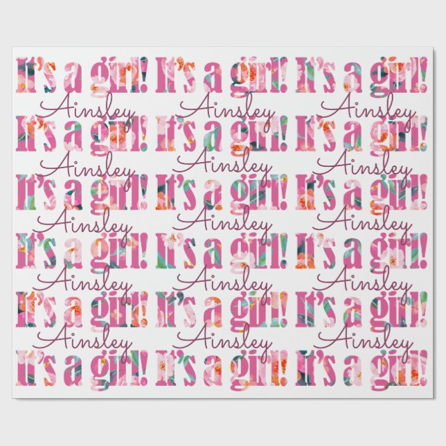 Personalised It's A Girl Magenta Floral Font Wrapping Paper (Flat)