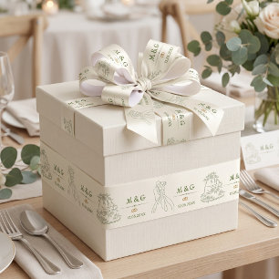 Personalised Ivory Sage Green Wedding Monogram Satin Ribbon