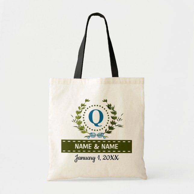 Personalised Ivy Wreath Wedding Date Monogram Q Tote Bag (Front)