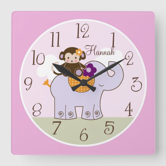 Personalised Jacana Monkey on Elephant Baby Clock (Front)