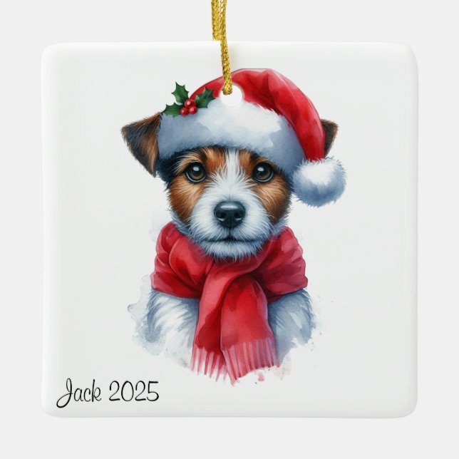 Personalised Jack Russell Dog Wearing a Santa Hat Ceramic Ornament (Front)