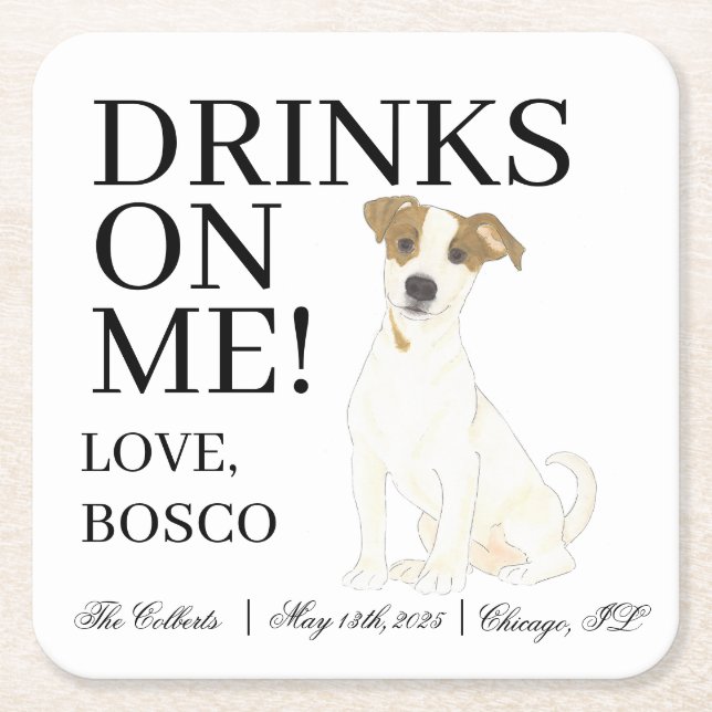 Personalised Jack Russell Terrier Dog Wedding Square Paper Coaster (Front)