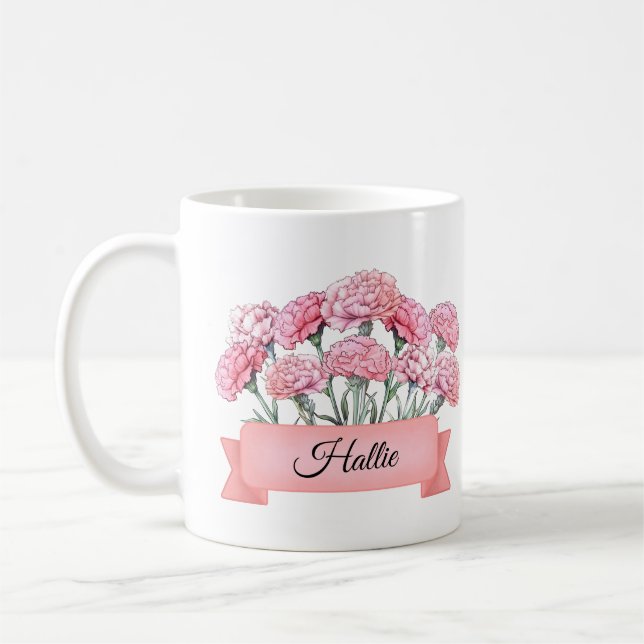 Personalised January Birth Flower Carnation Custom Coffee Mug (Left)