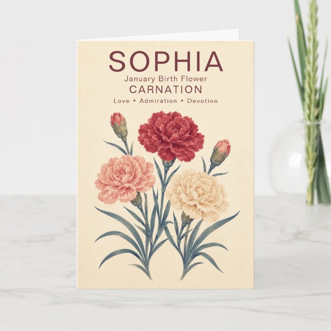 Personalised January Birthday Carnation Flower Card (Front)