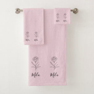 Personalised January Carnation Birth Flower Bath Towel Set