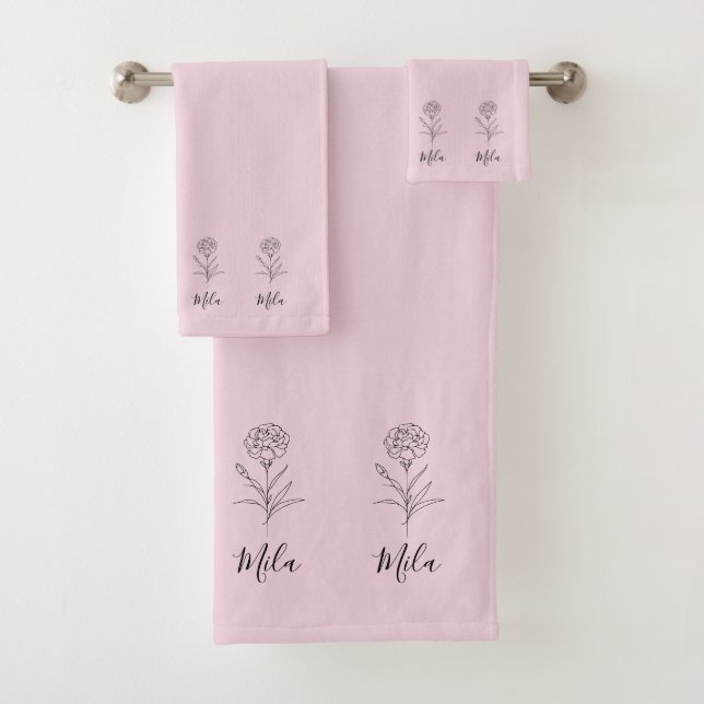 Personalised January Carnation Birth Flower  Bath Towel Set (Insitu)