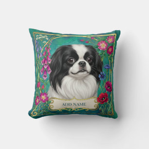 Personalised Japanese Chin Teal Floral Cushion