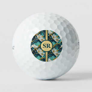 Personalised Japanese Floral Teal Gold Golf Balls