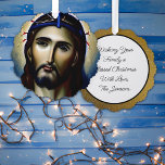 Personalised Jesus Christmas Religious Christian Tree Decoration Card<br><div class="desc">Double sided Christmas ornament or gift tag that has Jesus Christ with thorns on the front and a personalised message on the back.</div>