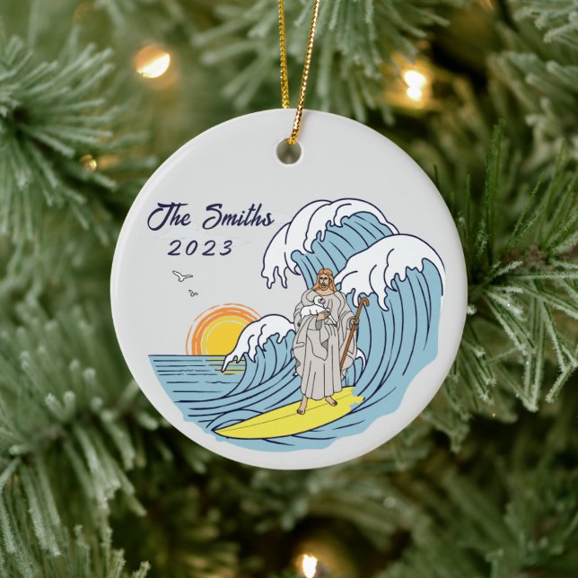 Personalised Jesus Surfing Christmas Holiday Ceramic Tree Decoration (Tree)