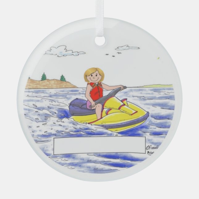 Personalised Jet Skier - Female, Blonde Glass Tree Decoration (Front)