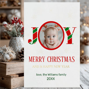 Personalised Joy Christmas Photo Foil Greeting Card