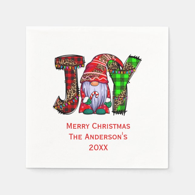 Personalised Joy Gnomes Merry Christmas Party Napkin (Front)