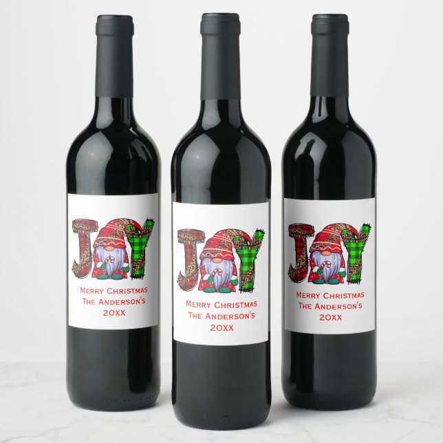 Personalised Joy Gnomes Merry Christmas  Wine Label (Bottles)
