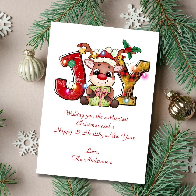Personalised Joy Reindeer Christmas Holiday Card (Joy with Reindeer Personalized Christmas Card. Add your wording. Printed or Digital instant download)