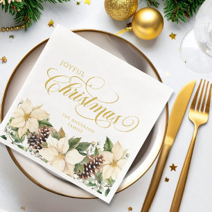 Personalised Joyful Christmas White Poinsettia Napkin